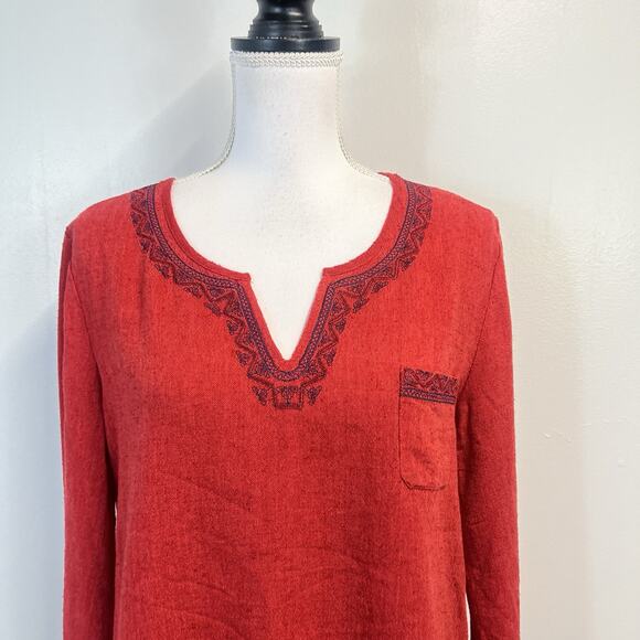 Lucky Brand Live in Love Blouse Top sz Medium Silk Red Blue Embroidered Boho - Picture 3 of 7